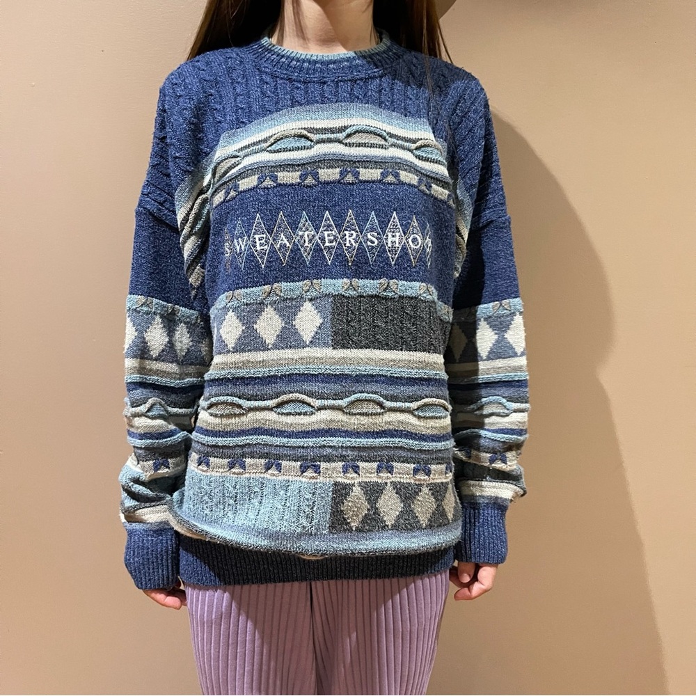 Vintage Blue and Gray Patterned Crew Neck Sweater